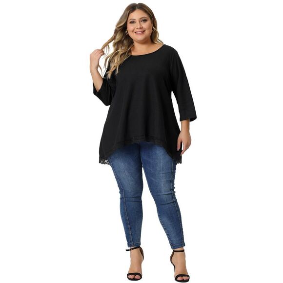 Plus Size Blouse Waffle 3/4 Sleeve Round Neck Lace Panel High Low Hem Tops Black - Picture 3 of 6